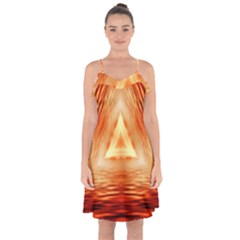 Abstract Orange Triangle Ruffle Detail Chiffon Dress