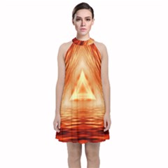 Abstract Orange Triangle Velvet Halter Neckline Dress 