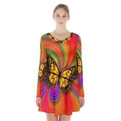 Arrangement Butterfly Long Sleeve Velvet V-neck Dress