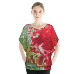 Abstract Stain Red Seamless Batwing Chiffon Blouse