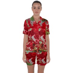 Abstract Stain Red Seamless Satin Short Sleeve Pyjamas Set