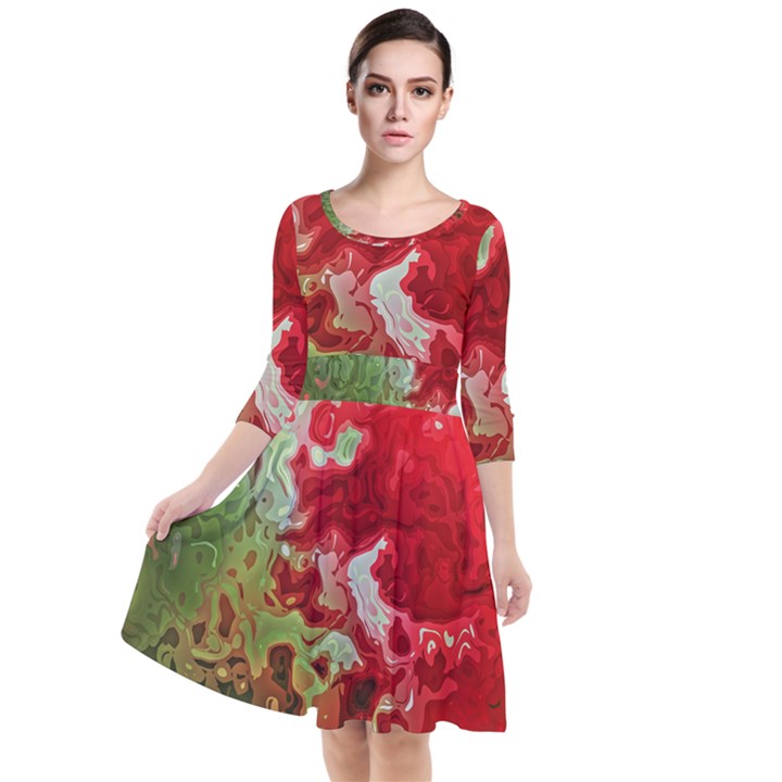 Abstract Stain Red Seamless Quarter Sleeve Waist Band Dress