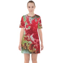 Abstract Stain Red Seamless Sixties Short Sleeve Mini Dress