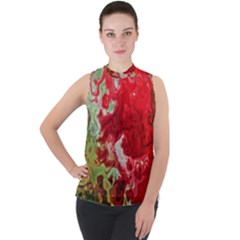 Abstract Stain Red Seamless Mock Neck Chiffon Sleeveless Top