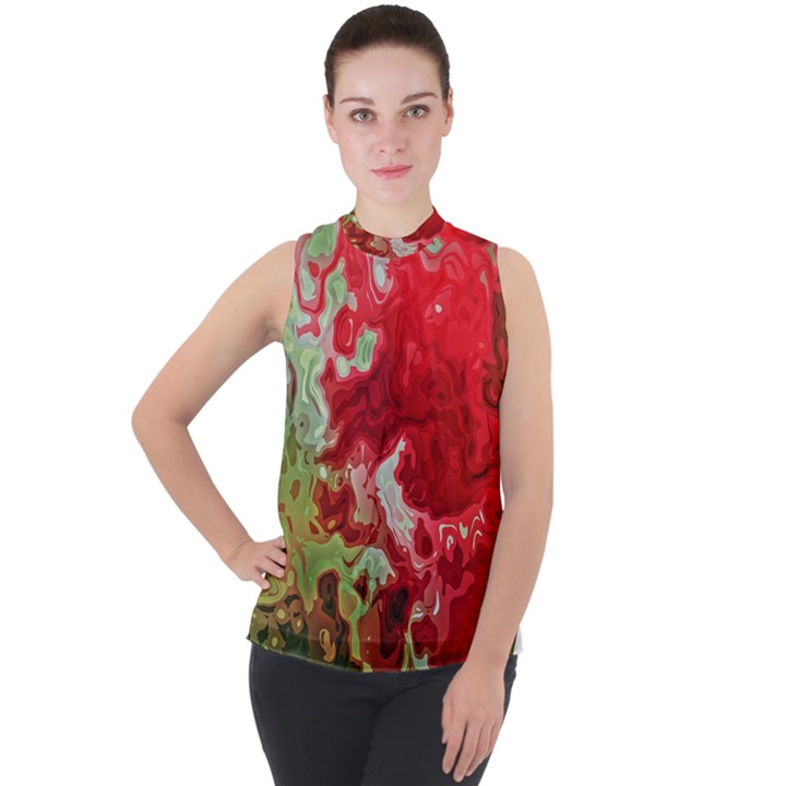 Abstract Stain Red Seamless Mock Neck Chiffon Sleeveless Top