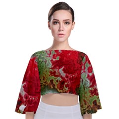 Abstract Stain Red Seamless Tie Back Butterfly Sleeve Chiffon Top