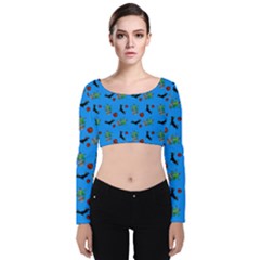 Halloween Witch Pattern Blue Velvet Long Sleeve Crop Top by snowwhitegirl