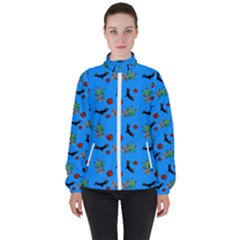 Halloween Witch Pattern Blue Women s High Neck Windbreaker