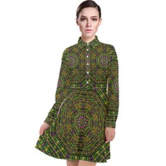 Peace Flower Planet And Calm Fire Long Sleeve Chiffon Shirt Dress