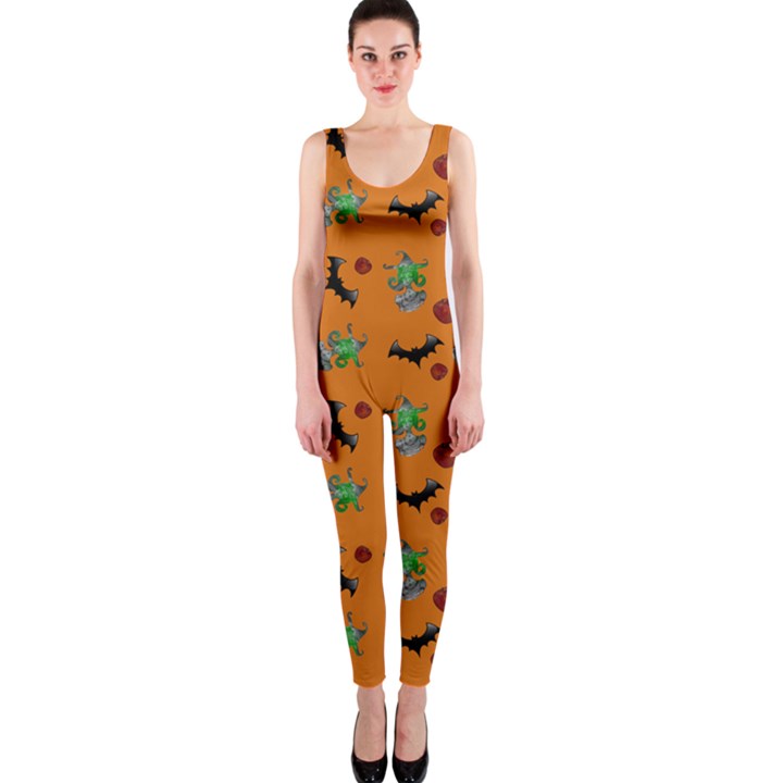 Halloween Witch Pattern Orange One Piece Catsuit