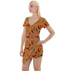 Halloween Witch Pattern Orange Short Sleeve Asymmetric Mini Dress