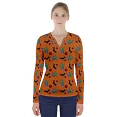 Halloween Witch Pattern Orange V-Neck Long Sleeve Top