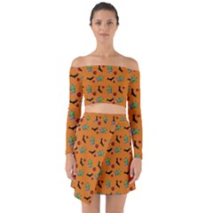 Halloween Witch Pattern Orange Off Shoulder Top with Skirt Set