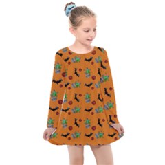 Halloween Witch Pattern Orange Kids  Long Sleeve Dress