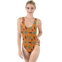 Halloween Witch Pattern Orange High Leg Strappy Swimsuit by snowwhitegirl