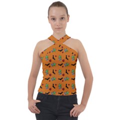 Halloween Witch Pattern Orange Cross Neck Velour Top