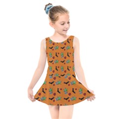 Halloween Witch Pattern Orange Kids  Skater Dress Swimsuit