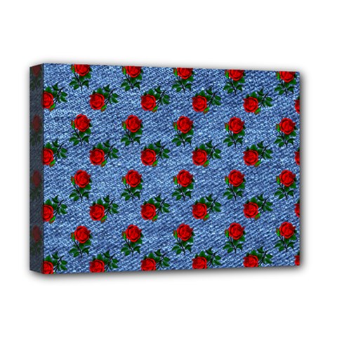 Blue Denim And Roses Deluxe Canvas 16  X 12  (stretched)  by snowwhitegirl