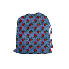 Blue Denim And Roses Drawstring Pouch (large) by snowwhitegirl