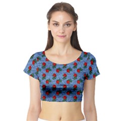 Blue Denim And Roses Short Sleeve Crop Top by snowwhitegirl