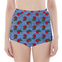 Blue Denim And Roses High-waisted Bikini Bottoms by snowwhitegirl