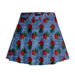 Blue Denim And Roses Mini Flare Skirt by snowwhitegirl