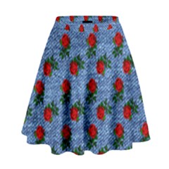 Blue Denim And Roses High Waist Skirt by snowwhitegirl