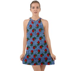 Blue Denim And Roses Halter Tie Back Chiffon Dress by snowwhitegirl