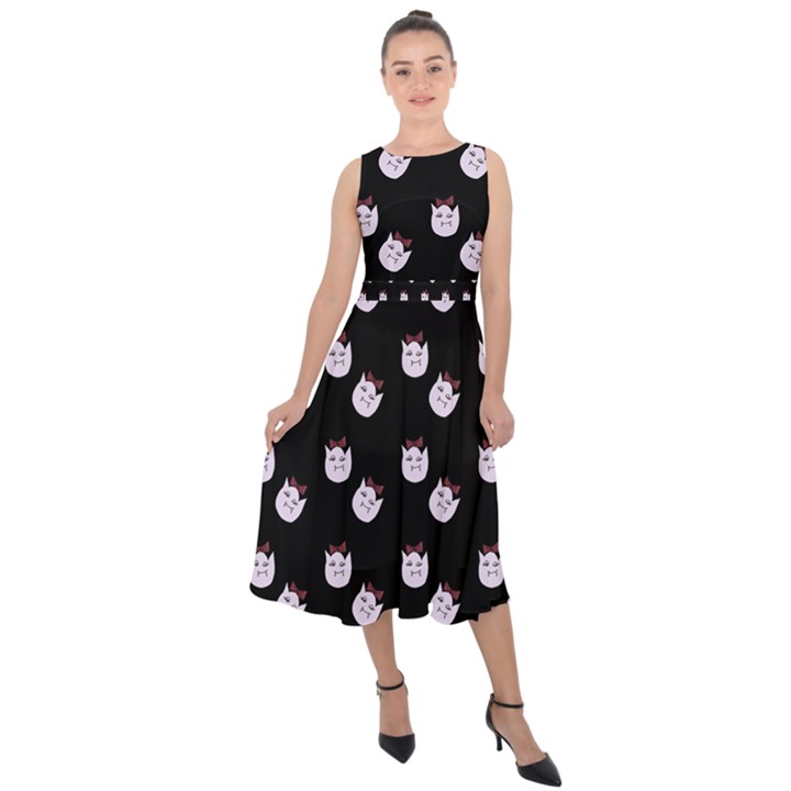 Lazy Bat On Black Pattern Midi Tie-Back Chiffon Dress