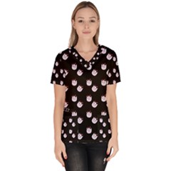 Lazy Bat On Black Pattern Women s V-neck Scrub Top by snowwhitegirl