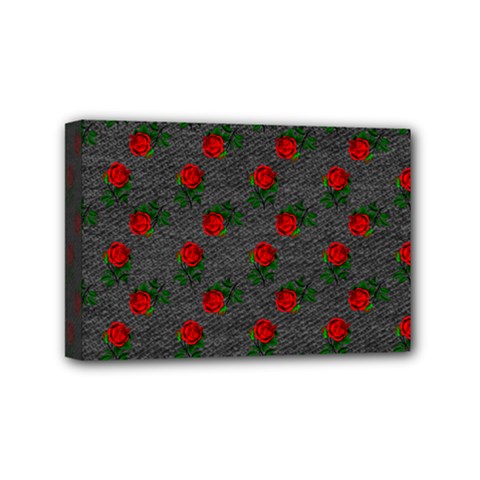 Black Denim And Roses Mini Canvas 6  X 4  (stretched) by snowwhitegirl