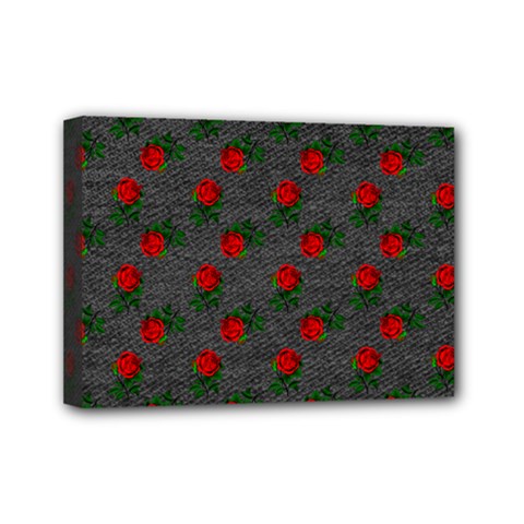 Black Denim And Roses Mini Canvas 7  X 5  (stretched) by snowwhitegirl