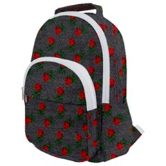 Black Denim And Roses Rounded Multi Pocket Backpack