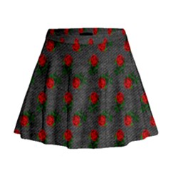 Black Denim And Roses Mini Flare Skirt by snowwhitegirl