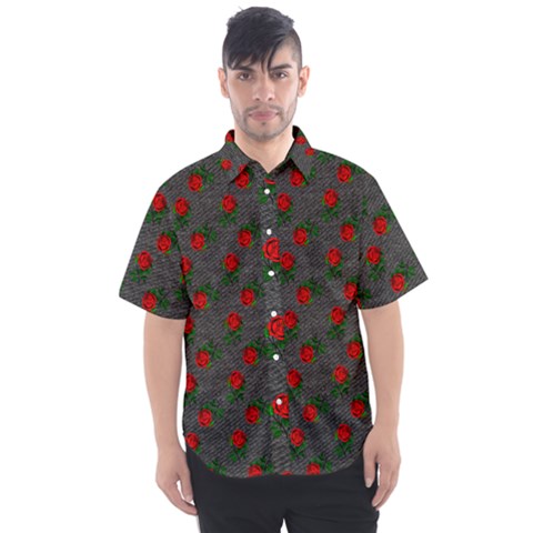 Black Denim And Roses Men s Short Sleeve Shirt by snowwhitegirl