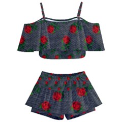 Black Denim And Roses Kids  Off Shoulder Skirt Bikini by snowwhitegirl