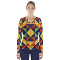 Background Geometric Color Plaid V-neck Long Sleeve Top