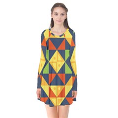 Background Geometric Color Plaid Long Sleeve V-neck Flare Dress by Mariart