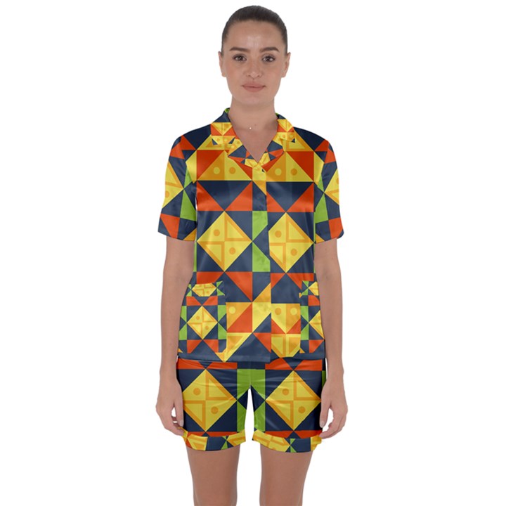 Background Geometric Color Plaid Satin Short Sleeve Pyjamas Set