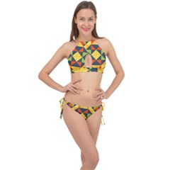 Background Geometric Color Plaid Cross Front Halter Bikini Set