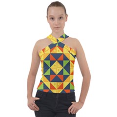 Background Geometric Color Plaid Cross Neck Velour Top