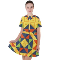 Background Geometric Color Plaid Short Sleeve Shoulder Cut Out Dress 