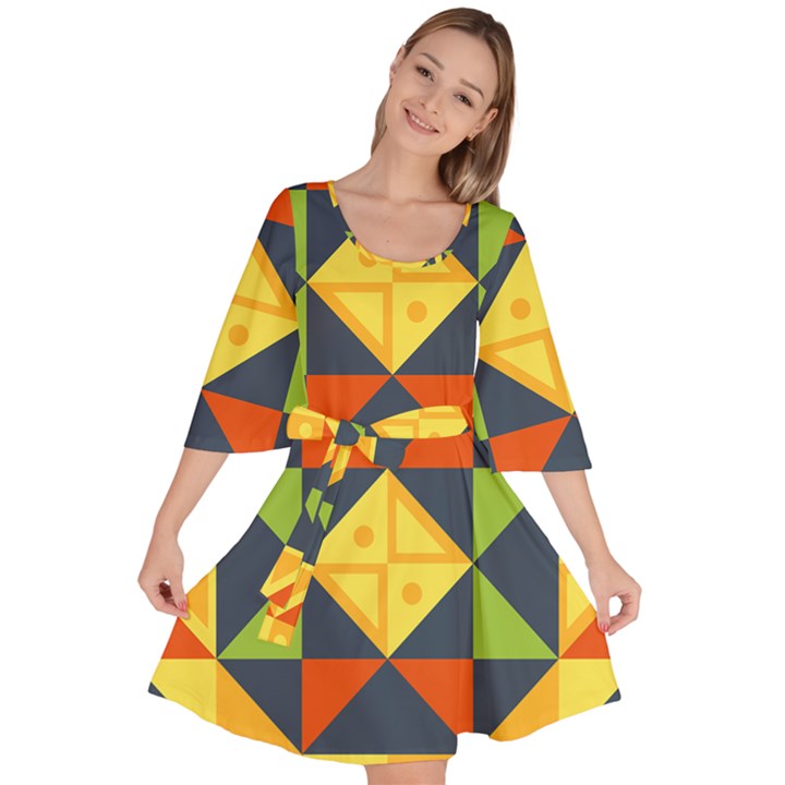 Background Geometric Color Plaid Velour Kimono Dress