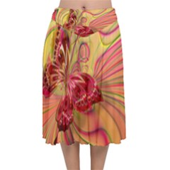 Arrangement Butterfly Pink Velvet Flared Midi Skirt by HermanTelo