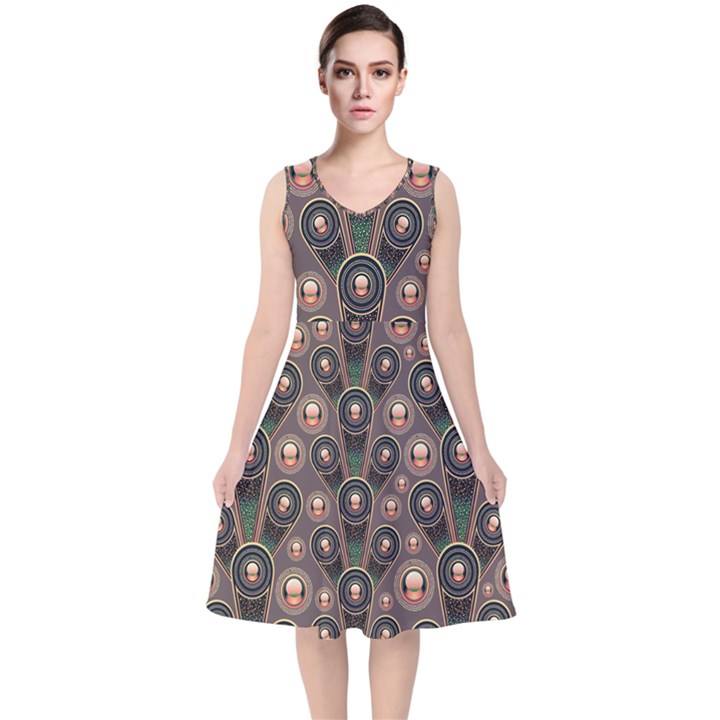 Abstract Pattern Green V-Neck Midi Sleeveless Dress 