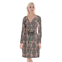 Abstract Pattern Green Long Sleeve Velvet Front Wrap Dress