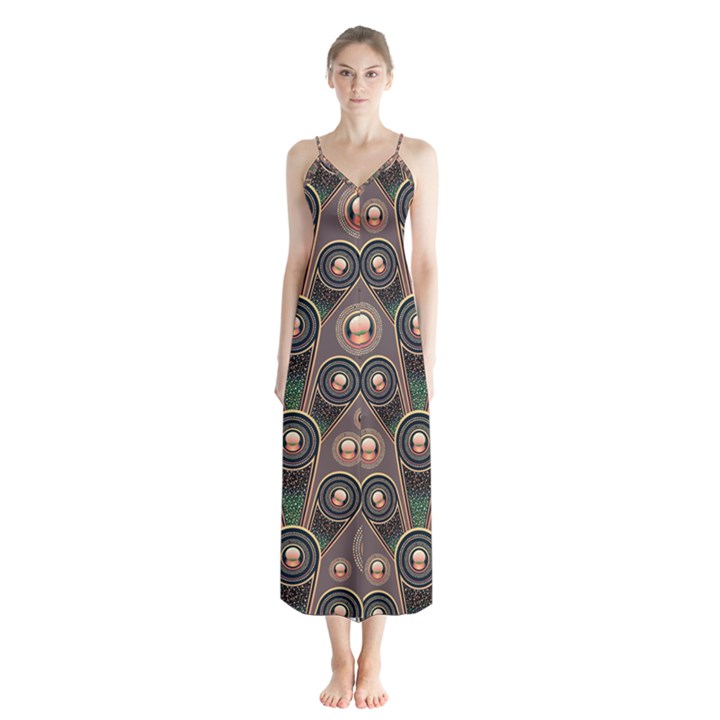 Abstract Pattern Green Button Up Chiffon Maxi Dress