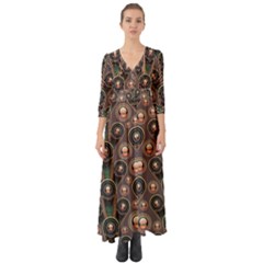 Abstract Pattern Green Button Up Boho Maxi Dress