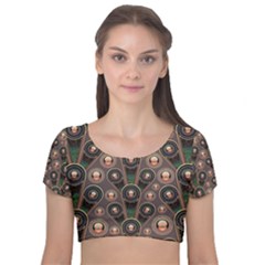 Abstract Pattern Green Velvet Short Sleeve Crop Top 