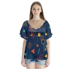 Background Geometric V-neck Flutter Sleeve Top